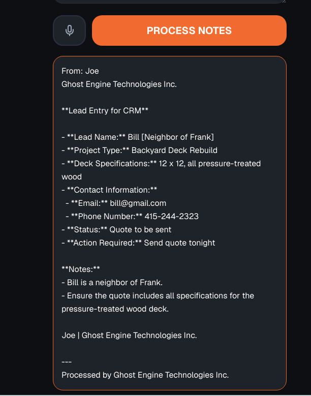 Lead Entry for CRM generated by Ghost Engine from drive-by observations