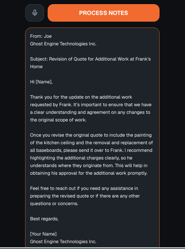Ghost Engine revision of quote email for additional work at Frank's home