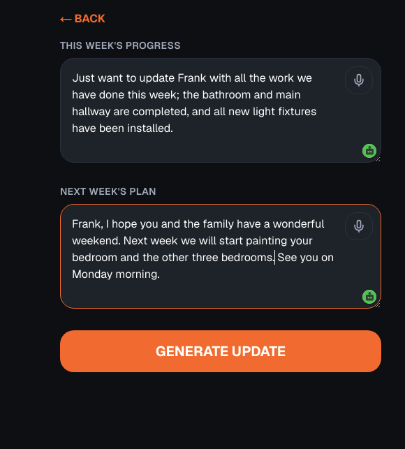 Ghost Engine weekly update entry with This Week's Progress and Next Week's Plan fields